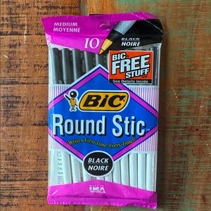 Vtg 1994 BiC Round Stic Black Medium Pens 10 Pack USA New